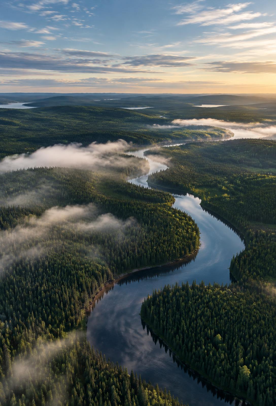 A vast Canadian boreal forest and winding river seen from high above