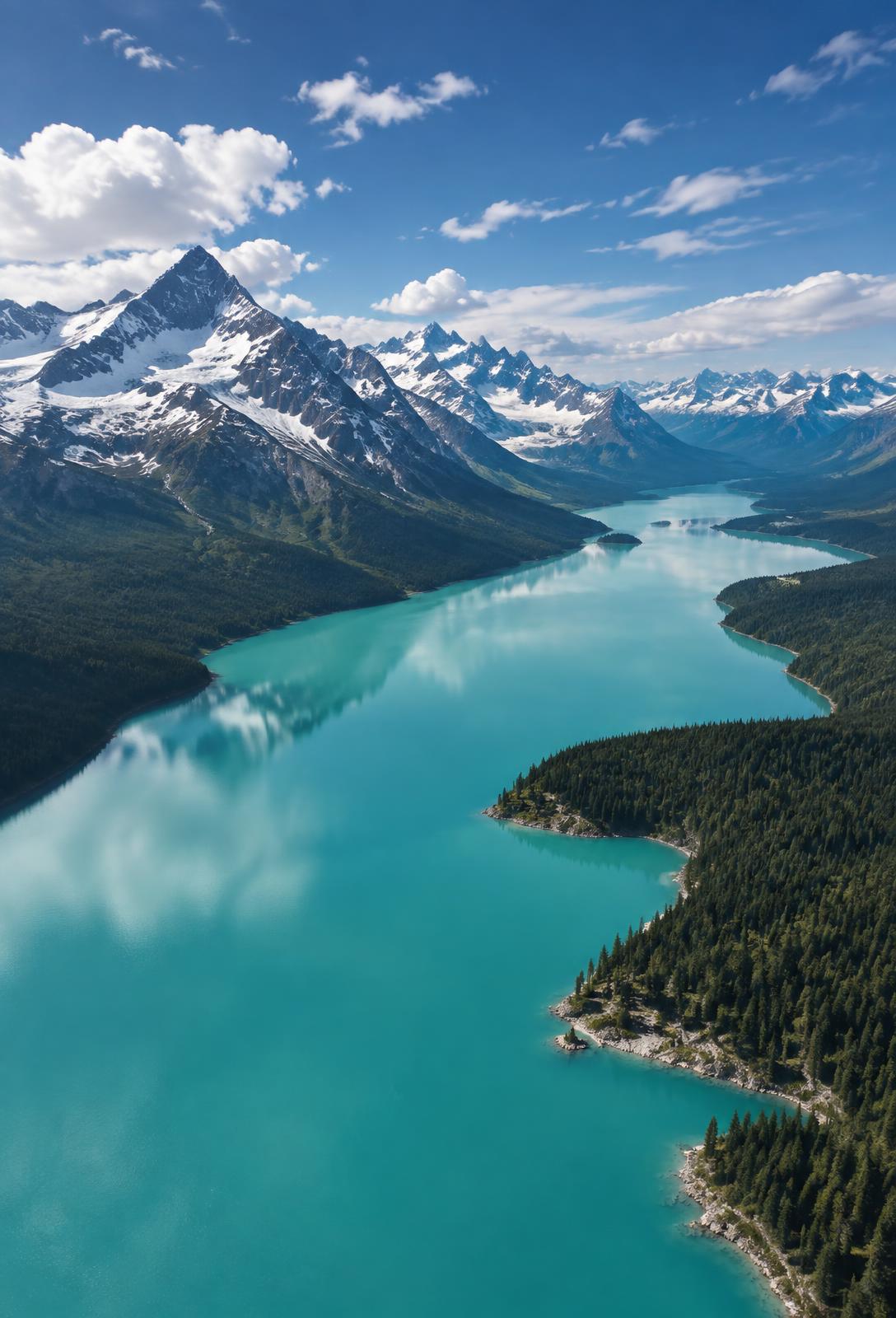 A turquoise glacial lake and snow-capped Canadian mountains seen from above