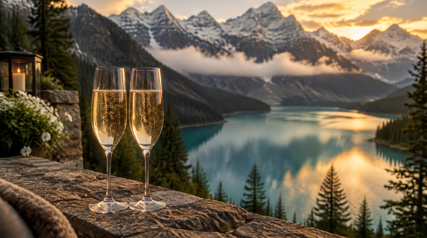 Two champagne flutes on a stone ledge above a glacial lake at golden hour