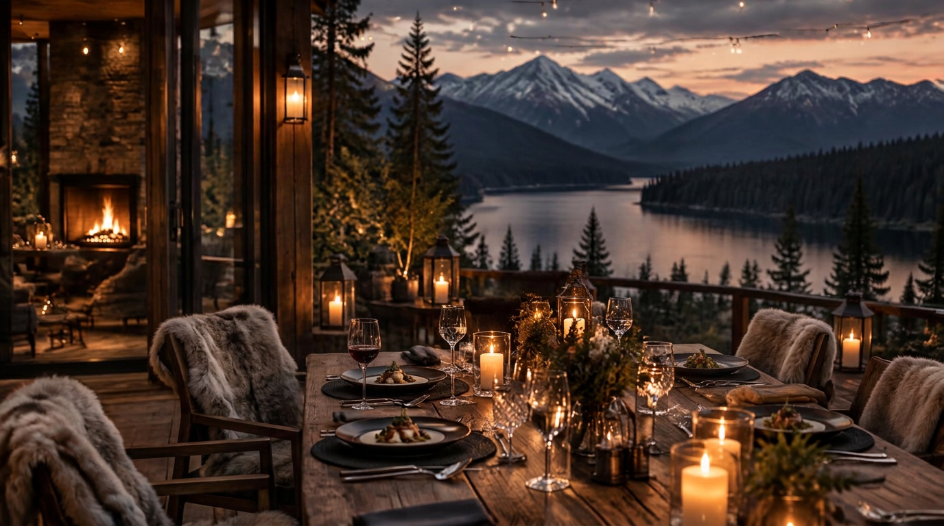 A private dining table overlooking a Canadian lake at dusk