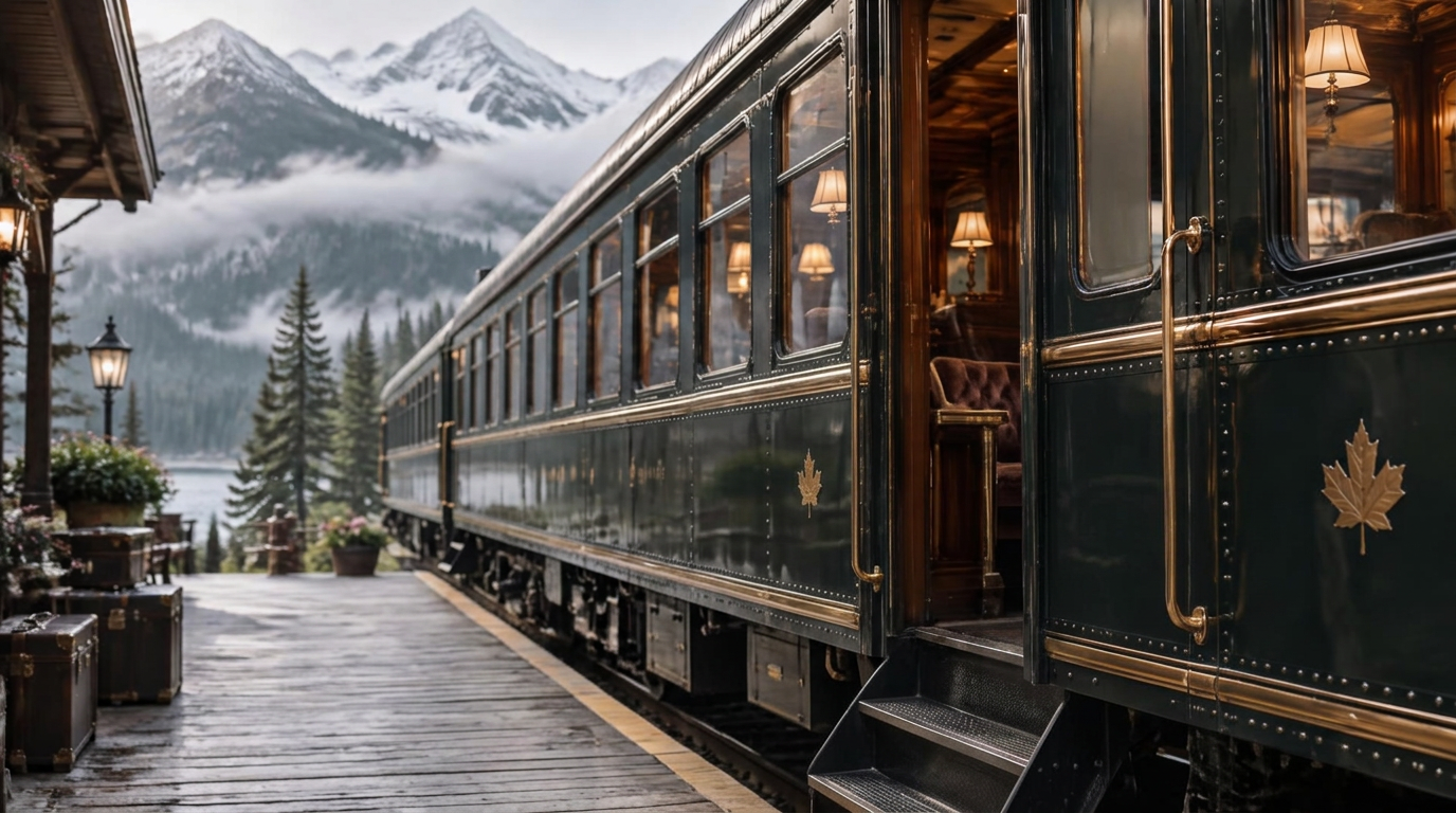 A vintage luxury observation carriage waiting at a Canadian mountain station