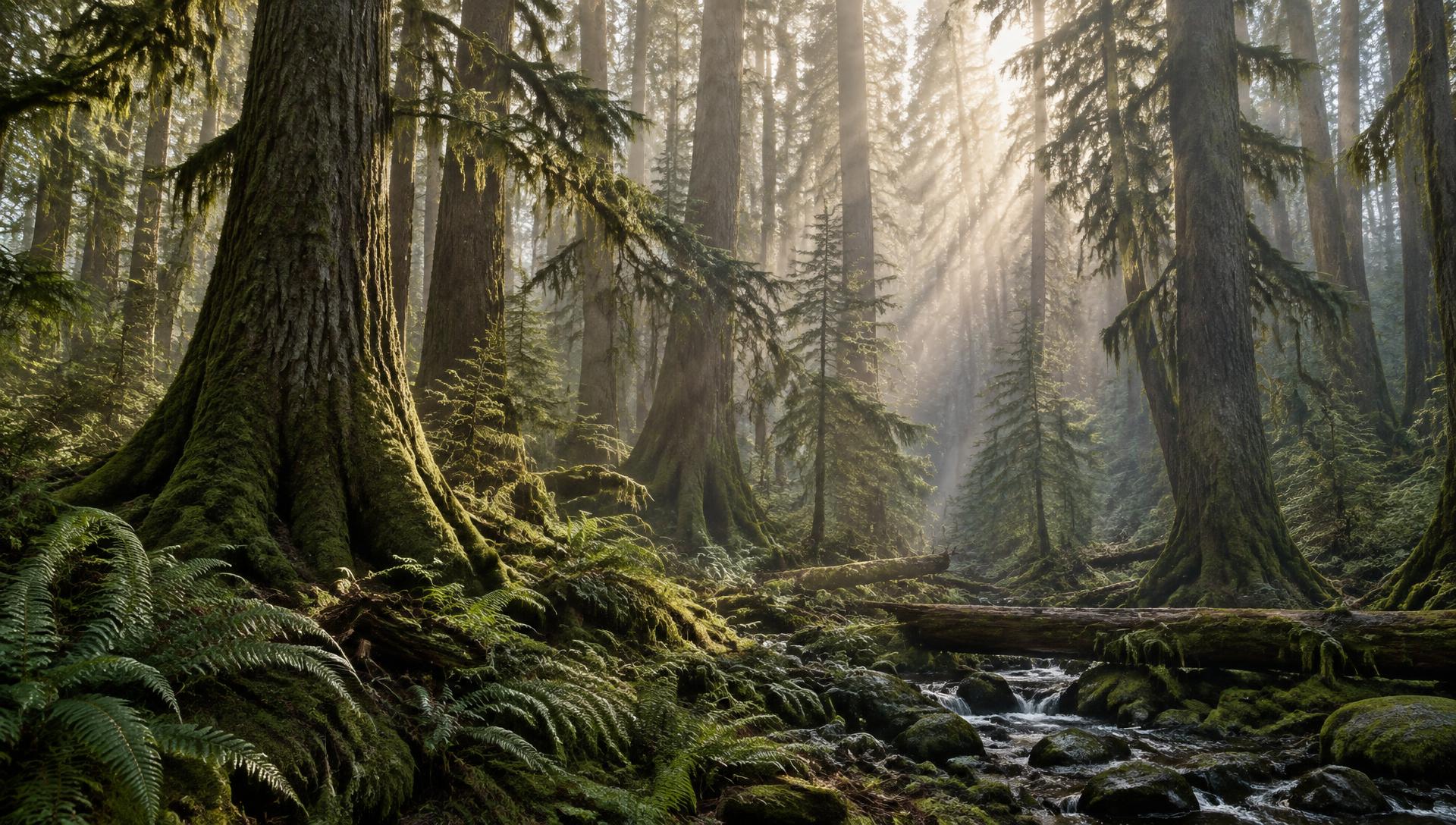 Old-growth cedar and morning mist on the coast