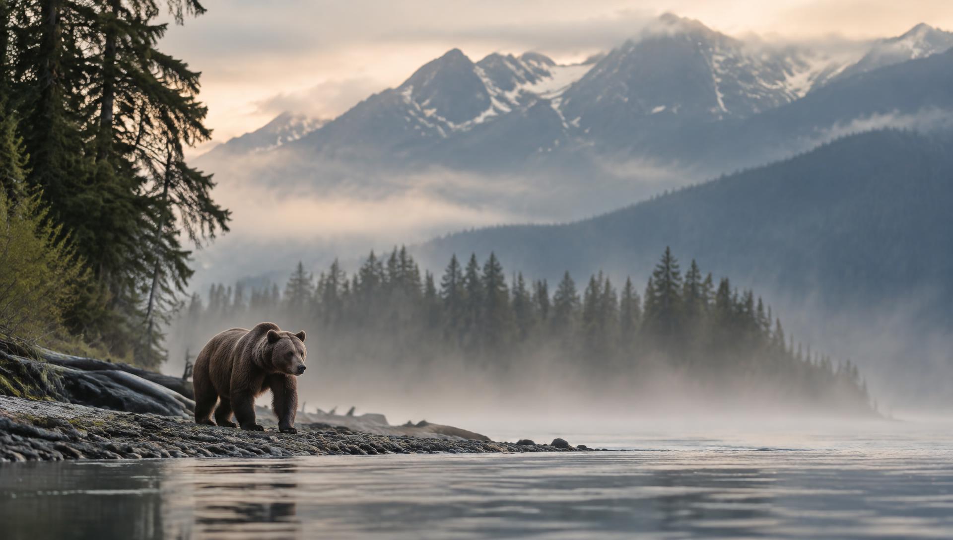 A grizzly on a misty river bank at dawn