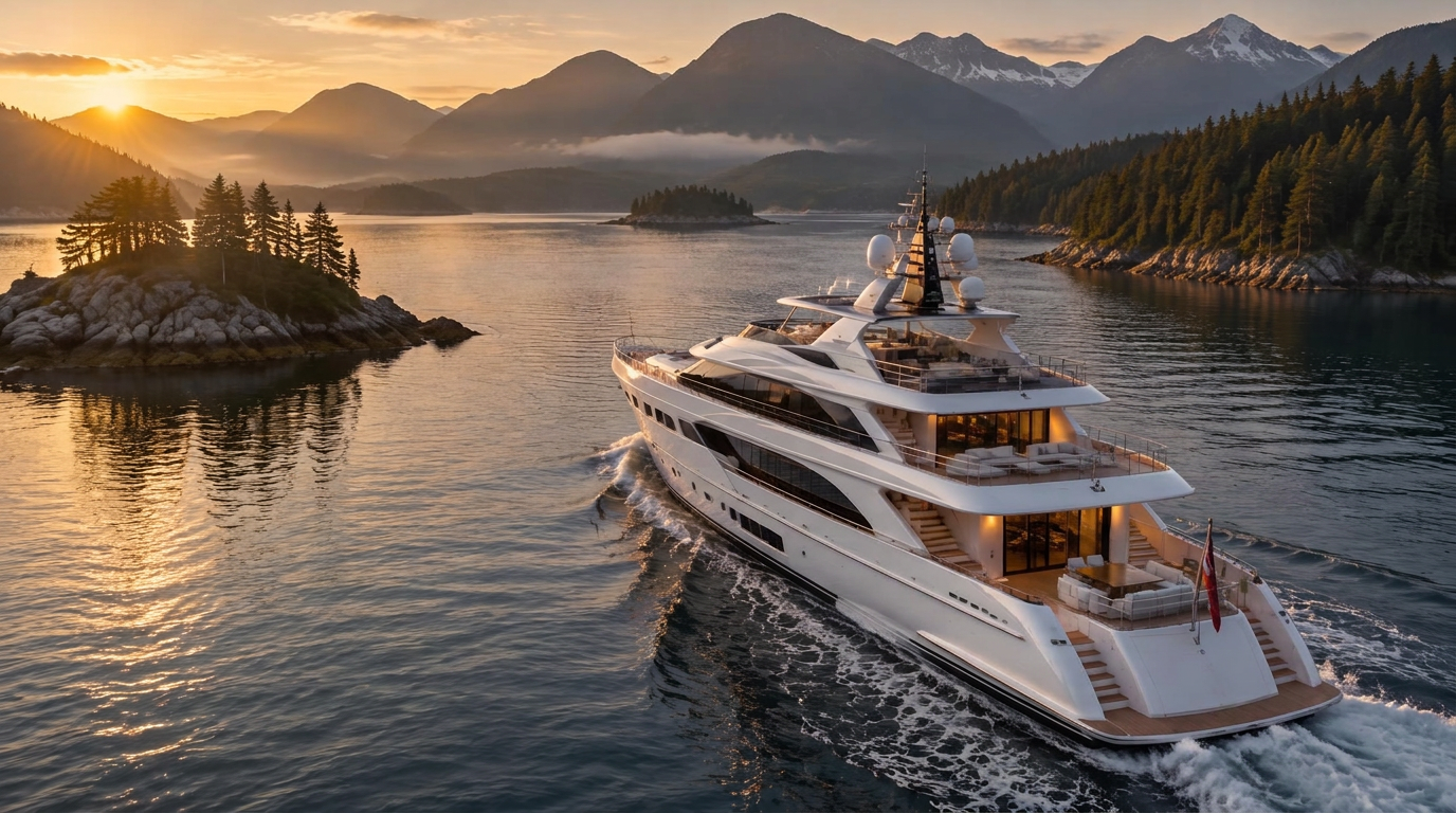 A superyacht cruising quiet coastal waters in British Columbia