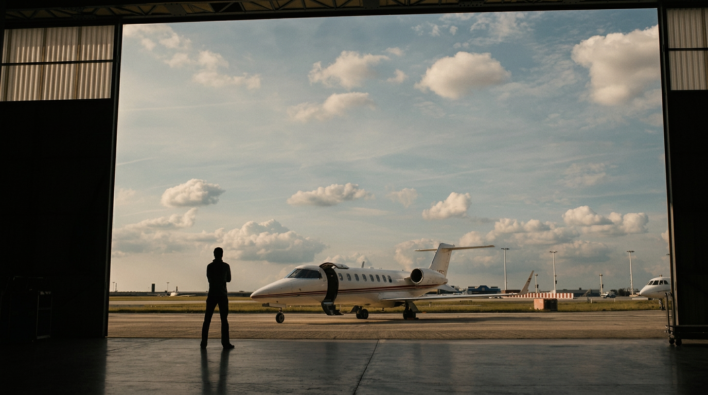 A traveller standing inside a hangar facing a private aircraft