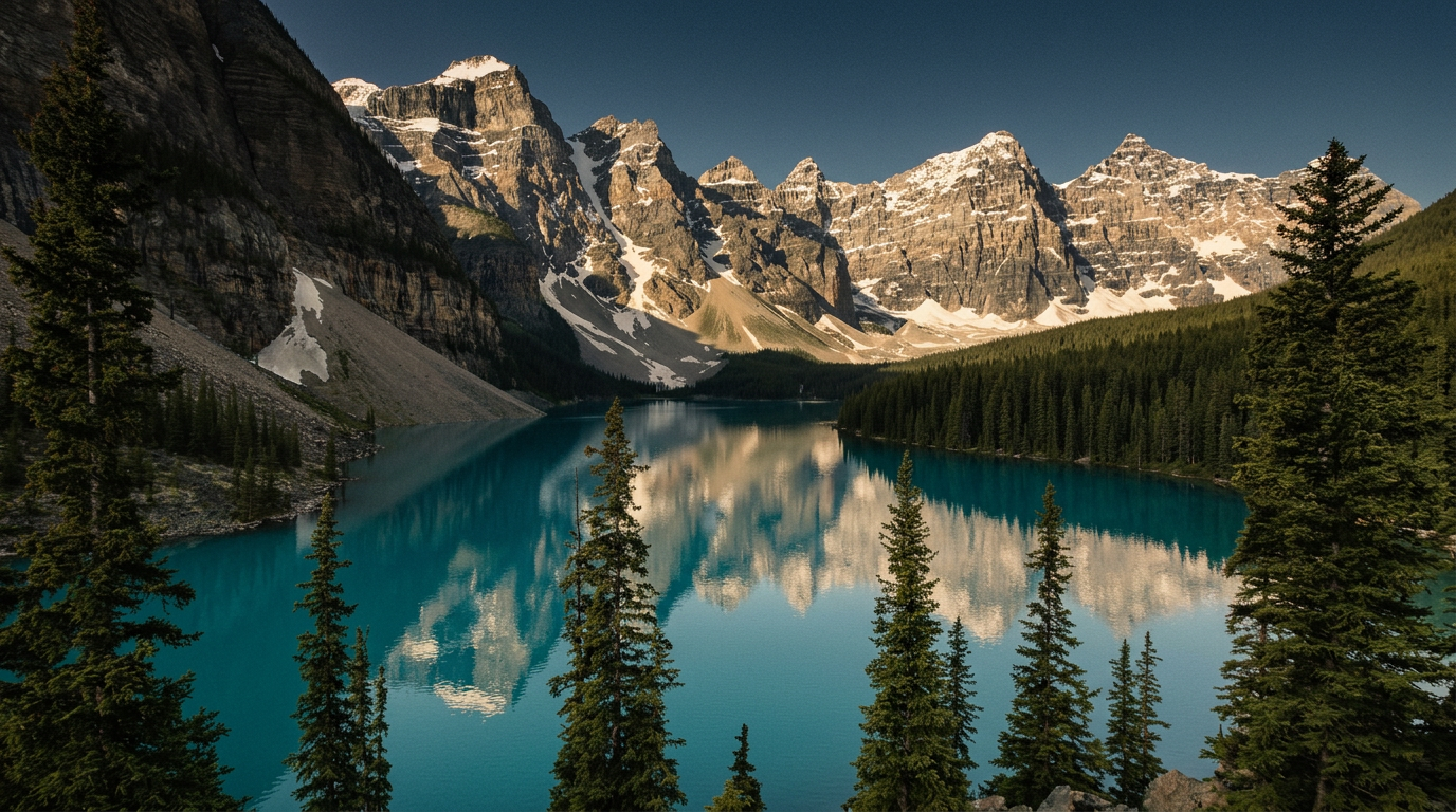 Moraine Lake framed by forest and the Canadian Rockies