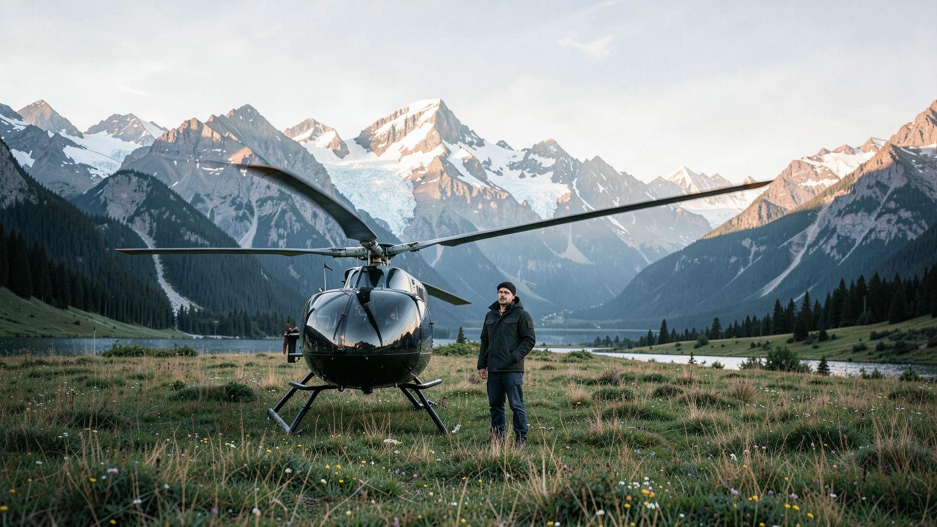 A helicopter set down in the high alpine